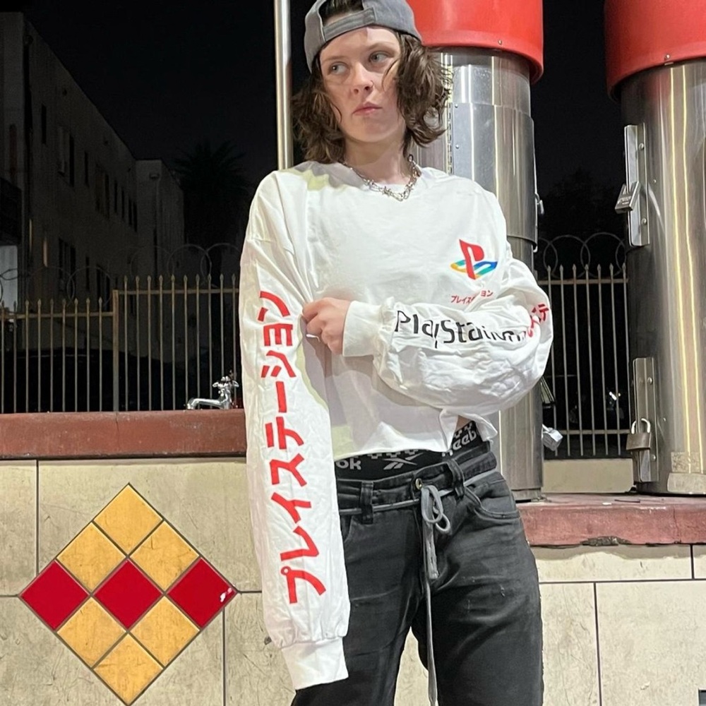 Sony Playstation Graphic Logo Cropped White Long Sleeve with Black & Red Accents